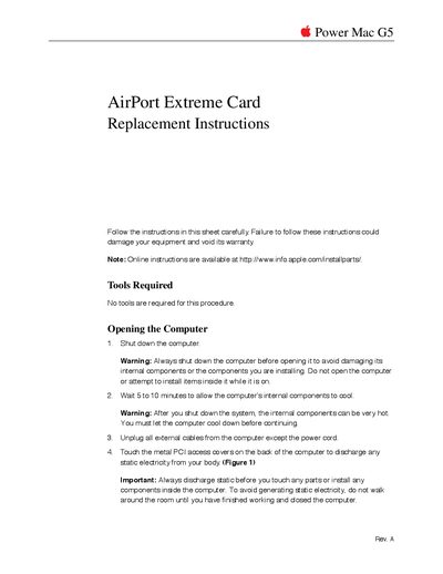Apple Power Mac G5 AirPort Extreme Card Replacement Instructions - cover page