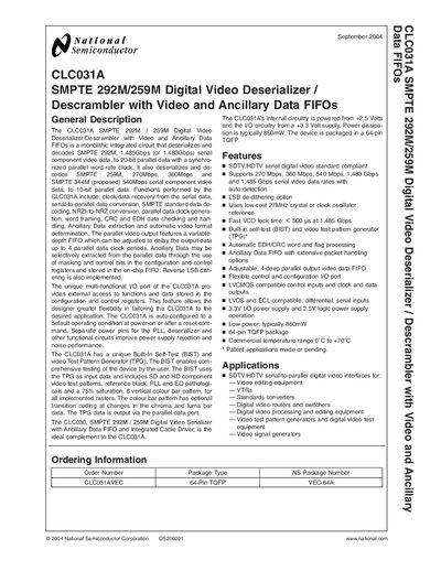 NATIONAL SEMICONDUCTOR CLC031A Manual - cover page