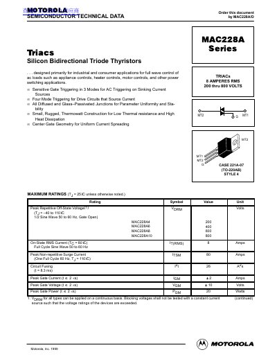 Motorola MAC228A Series Triac Datasheet - cover page
