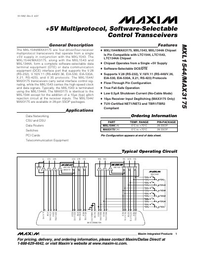 Maxim MXL1544/MAX3175 Multiprotocol Transceiver Datasheet - cover page