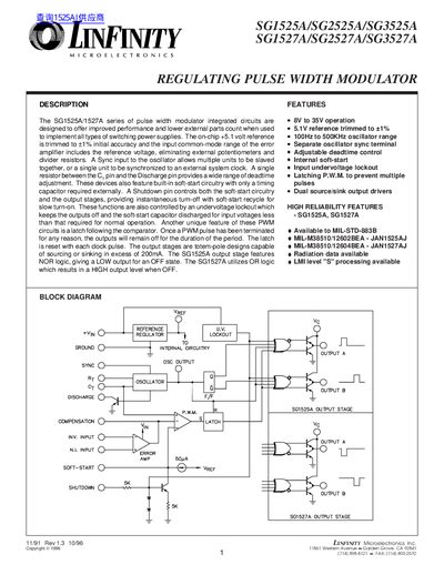 LINFINITY SG1525A/SG2525A/SG3525A SG1527A/SG2527A/SG3527A REGULATING PULSE WIDTH MODULATOR - cover page