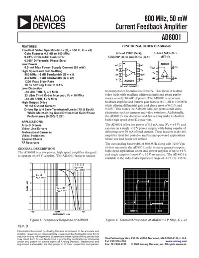 Analog Devices AD8001 Datasheet - cover page