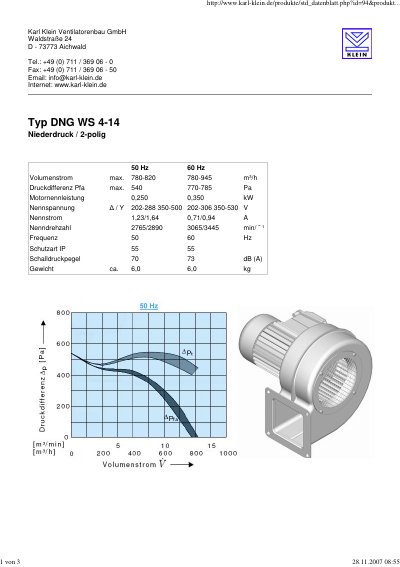 Karl Klein DNG WS 4-14 Low Pressure Fan Datasheet - cover page