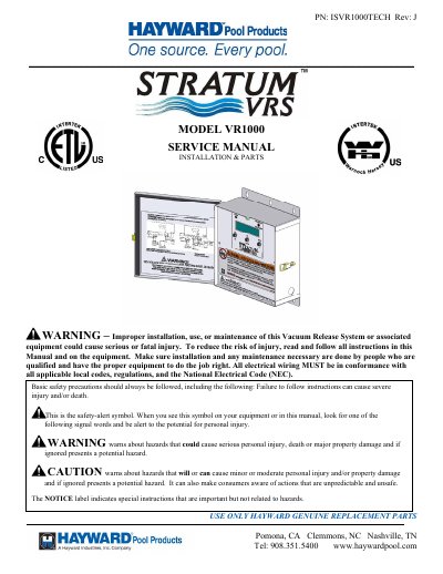 Hayward VR1000 Vacuum Release System Service Manual - cover page