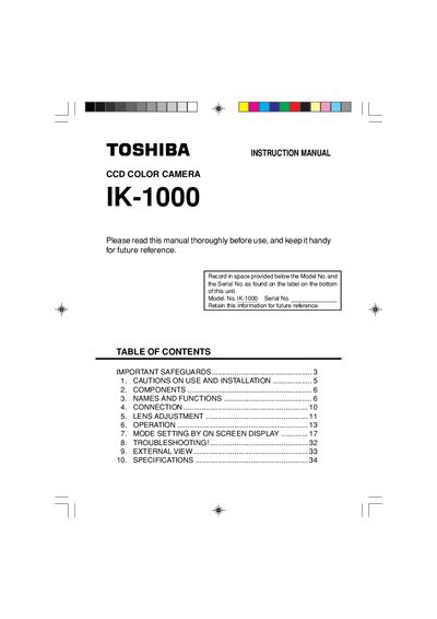Toshiba IK-1000 CCD Color Camera Instruction Manual