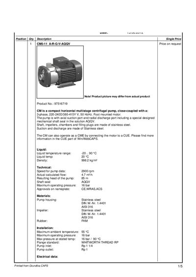 Grundfos CM5-11 A-R-G-V-AQQV Technology Data - cover page
