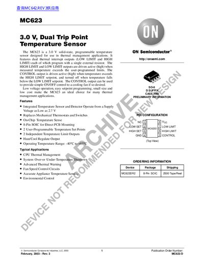 ON Semiconductor MC623 Temperature Sensor Datasheet - cover page