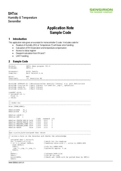 Sensirion SHTxx Application Note Sample Code - cover page