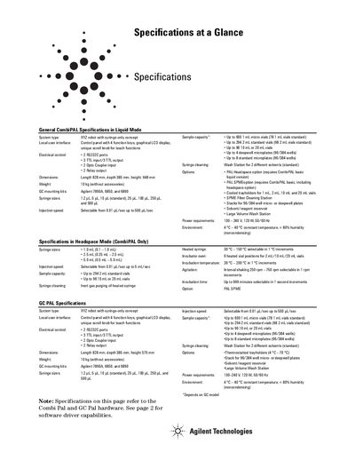 Agilent CombiPAL and GC PAL Specifications at a Glance - cover page