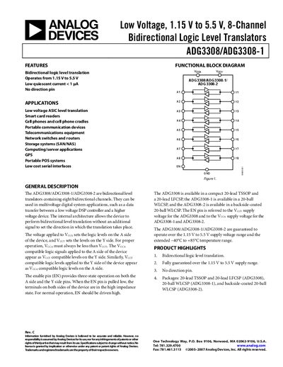 ANALOG DEVICES Low Voltage 1.15 V to 5.5 V 8-Channel Bidirectional Logic Level Translators ADG3308/ADG3308-1 handbook