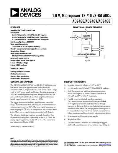 Analog Devices AD7466/AD7467/AD7468 Datasheet - cover page