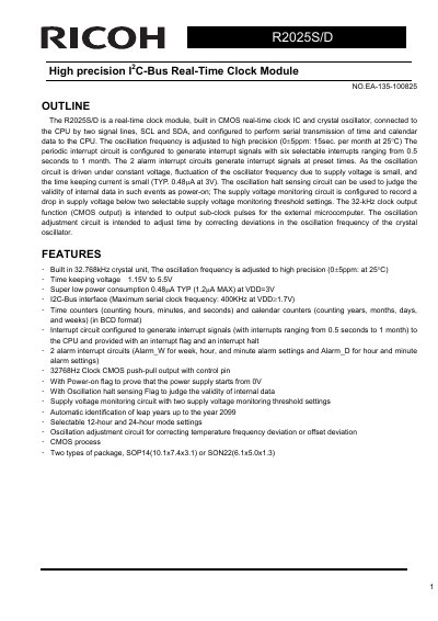 Ricoh R2025S/D High Precision I2C-Bus Real-Time Clock Module Datasheet - cover page