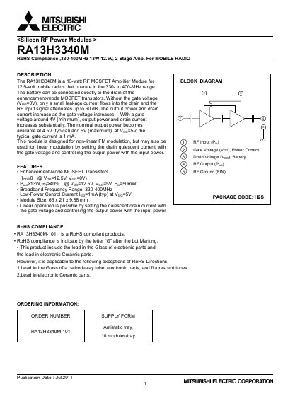Mitsubishi Electric RA13H3340M RF Power Module Datasheet - cover page