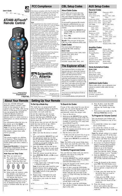 Scientific Atlanta AT2400 AllTouch Remote Control User Guide - cover page