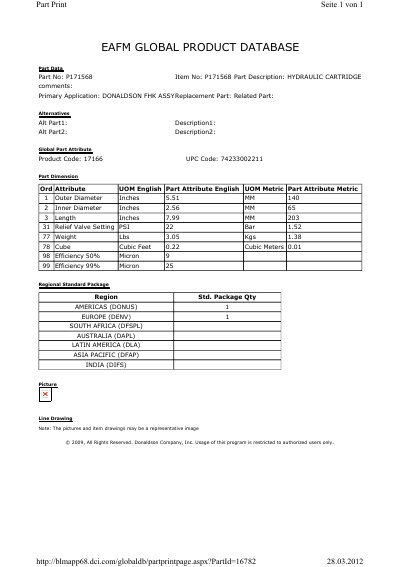 Donaldson P171568 Hydraulic Cartridge Datasheet - cover page