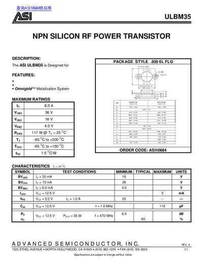 ASI ULBM35 NPN Silicon RF Power Transistor Datasheet - cover page