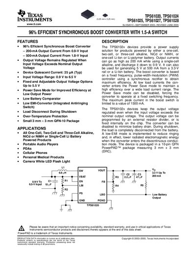 TEXAS INSTRUMENTS TPS61020 TPS61024 TPS61025 TPS61027 TPS61028 handbook - cover page