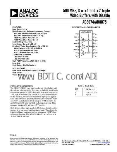 ANALOG DEVICES 500 MHz G = +1 +2 Triple Video Buffers with Disable AD8074/AD8075 handbook  - cover page