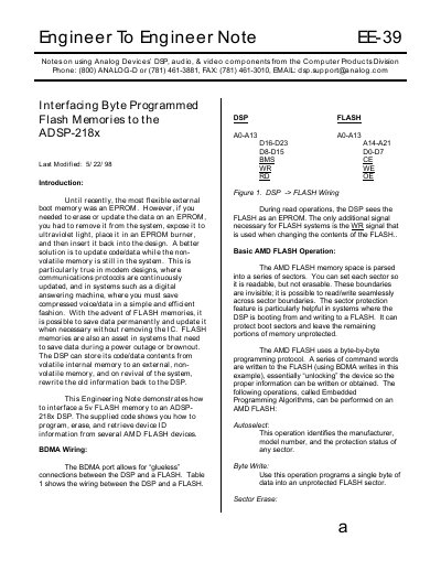 Analog Devices EE-39 Interfacing Byte Programmed Flash Memories to the ADSP-218x - cover page