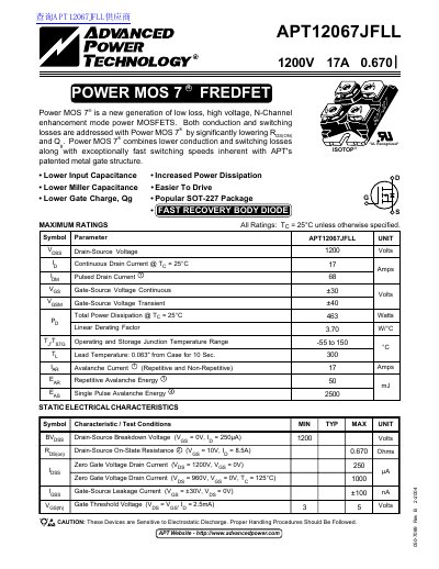 ADVANCED POWER TECHNOLOGY APT12067JFLL 1200V 17A 0.670 handbook - cover page