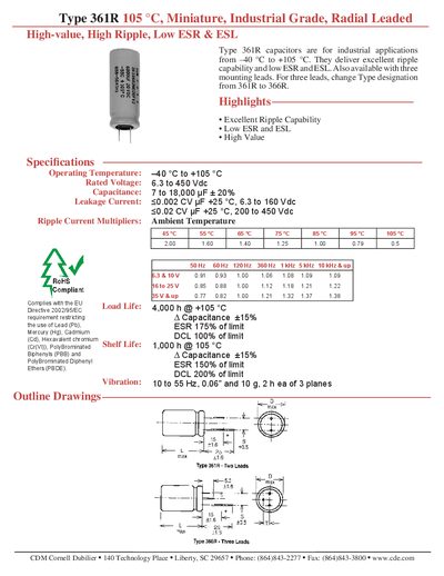 Cornell Dubilier 361R 105°C Miniature Radial Leaded Capacitor Datasheet - cover page