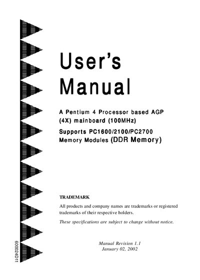 A Pentium 4 Processor based AGP (4X) mainboard (100MHz) Supports PC1600/2100/PC2700 Memory Modules User's Manual - cover page