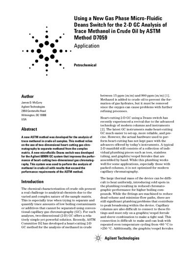Agilent Using a New Gas Phase Micro-Fluidic Deans Switch for the 2-D GC Analysis of Trace Methanol In Crude Oil by ASTM Method D7059 Manual - cover page