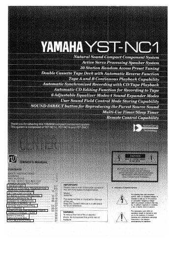 Yamaha YST-NC1 Active Servo Processing Speaker System User Manual - cover page
