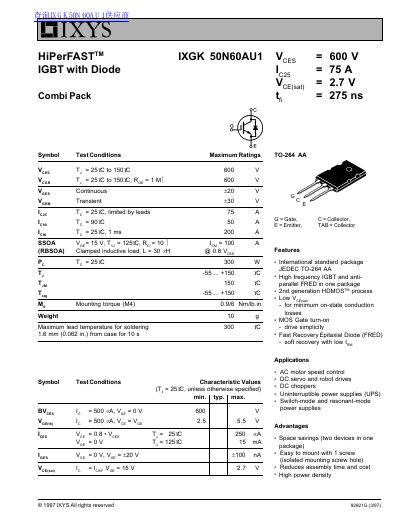IXYS IXGK 50N60AU1 IGBT with Diode Combi Pack Datasheet - cover page