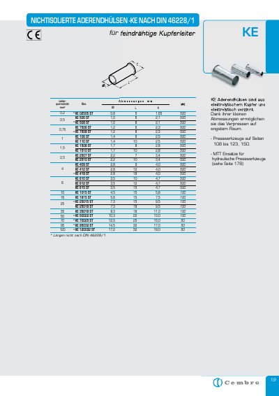 Cembre KE Series Non-Insulated Lugs Data Sheet - cover page