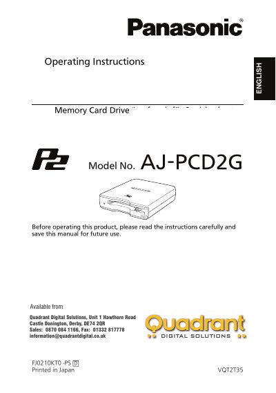 Panasonic AJ-PCD2G Memory Card Drive Operating Instructions - cover page