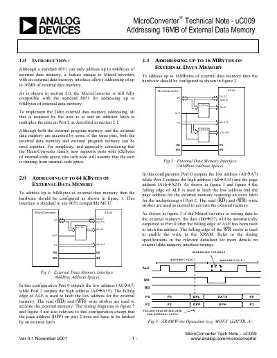 Analog Devices MicroConverter Addressing 16MB External Data Memory Technical Note - cover page