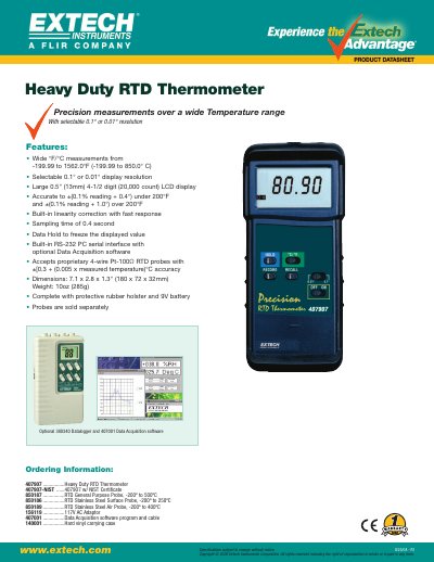 EXTECH 407907 Heavy Duty RTD Thermometer Product Datasheet - cover page