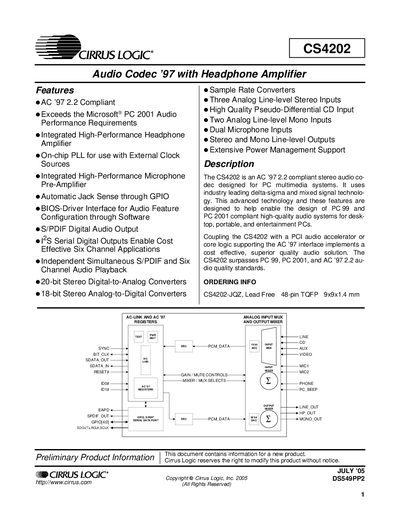 Cirrus Logic CS4202 Audio Codec ’97 with Headphone Amplifier Datasheet - cover page