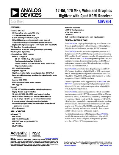 Analog Devices ADV7604 Video and Graphics Digitizer Data Sheet