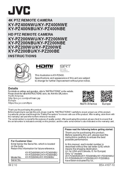 JVC KY-PZ400/KY-PZ200 Series PTZ Remote Camera Instructions