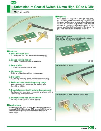 Hirose MS-156 Series Subminiature Coaxial Switch Handbook - cover page