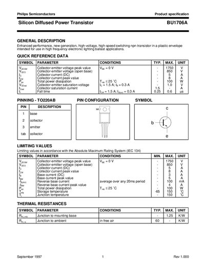 Philips BU1706A Silicon Diffused Power Transistor Data Sheet - cover page