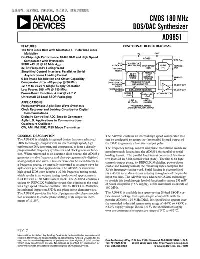ANALOG DEVICES AD9851 CMOS 180 MHz DDS/DAC Synthesizer Manual(1)(1) - cover page
