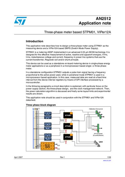 ST AN2512 Application note Three-phase meter based STPM01 VIPer12A Manual - cover page