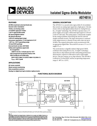 Analog Devices AD7401A Isolated Sigma‑Delta Modulator Datasheet