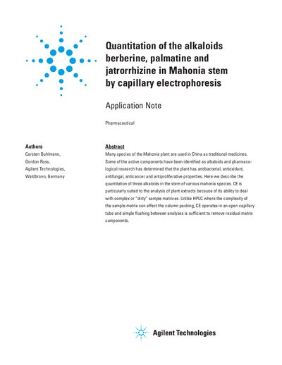Agilent Quantification of Alkaloids Berberine Palmatine Jatrorrhizine Application Note - cover page
