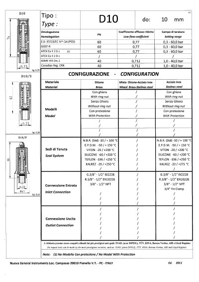 Nuova General D10 Low Flow Coefficient Valve Technical Data Sheet