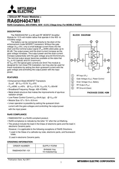 Mitsubishi Electric RA60H4047M1 RF Power Module Datasheet