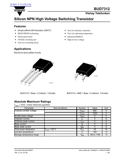 Vishay BUD7312 Silicon NPN High Voltage Switching Transistor Datasheet - cover page