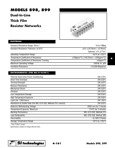 TT Electronics Models 898/899 Dual-In-Line Thick Film Resistor Networks Datasheet - cover page