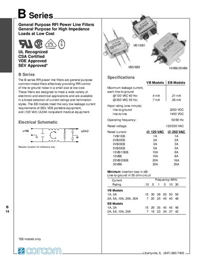 Corcom B Series General Purpose RFI Power Line Filters Product Data Sheet - cover page