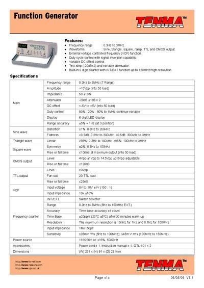 Tenma 72-7710 Function Generator Datasheet - cover page