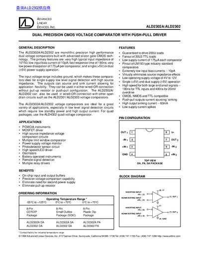 Advanced Linear Devices ALD2302A/ALD2302 Dual Precision CMOS Voltage Comparator Datasheet - cover page