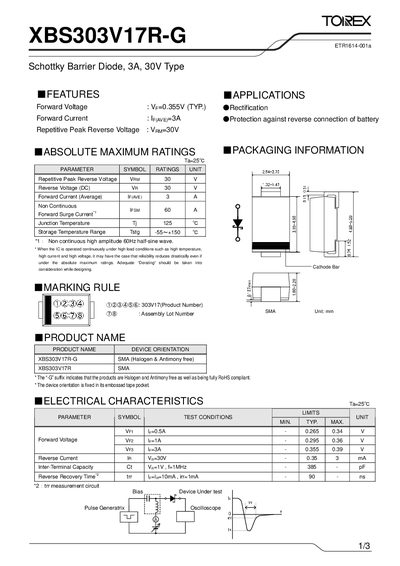 Torex XBS303V17R-G Schottky Barrier Diode Datasheet - cover page